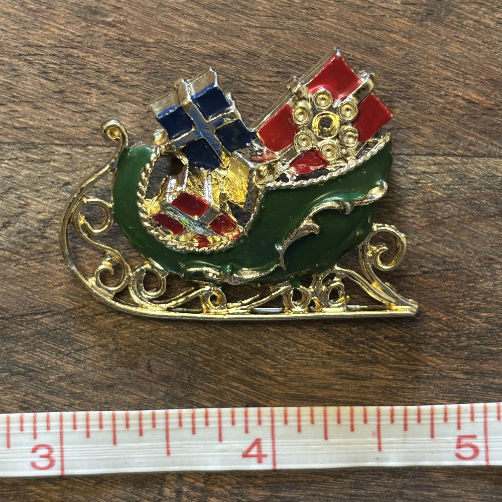 Faux Enamel Christmas Sleigh Presents Brooch Gold Tone